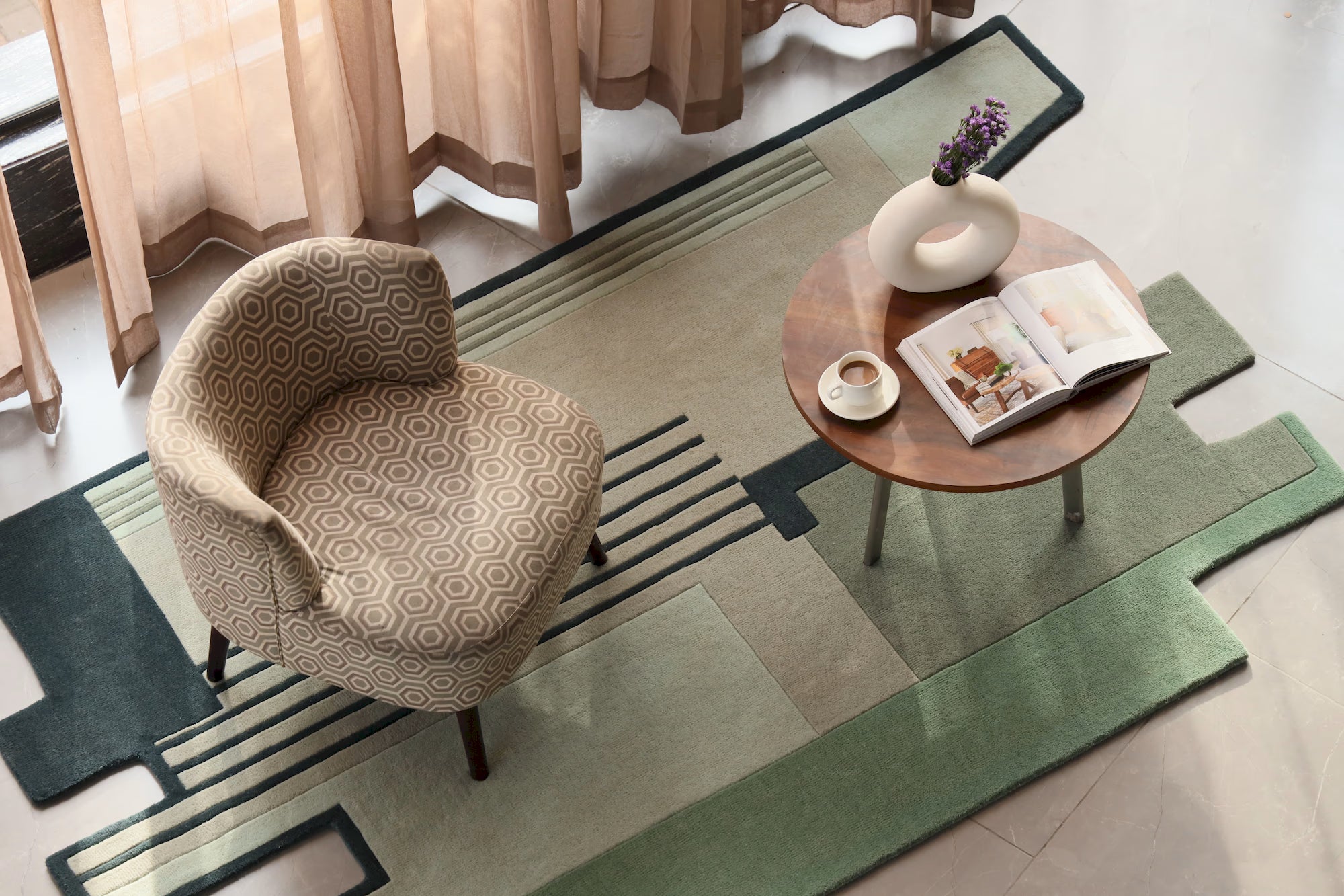 Modern green designer rug made from New Zealand wool