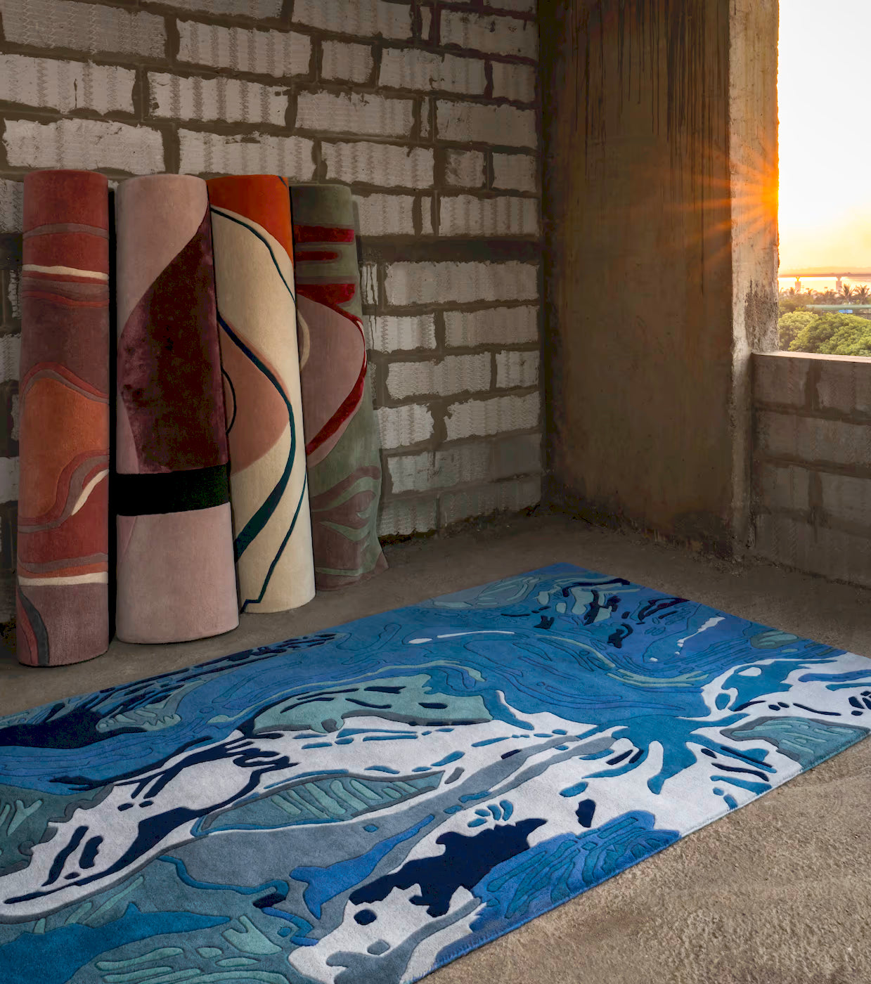 Aqua Sail blue abstract handmade wool area rug