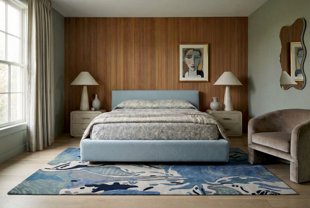 Abstract ocean wave wool area rug with layered blue tones