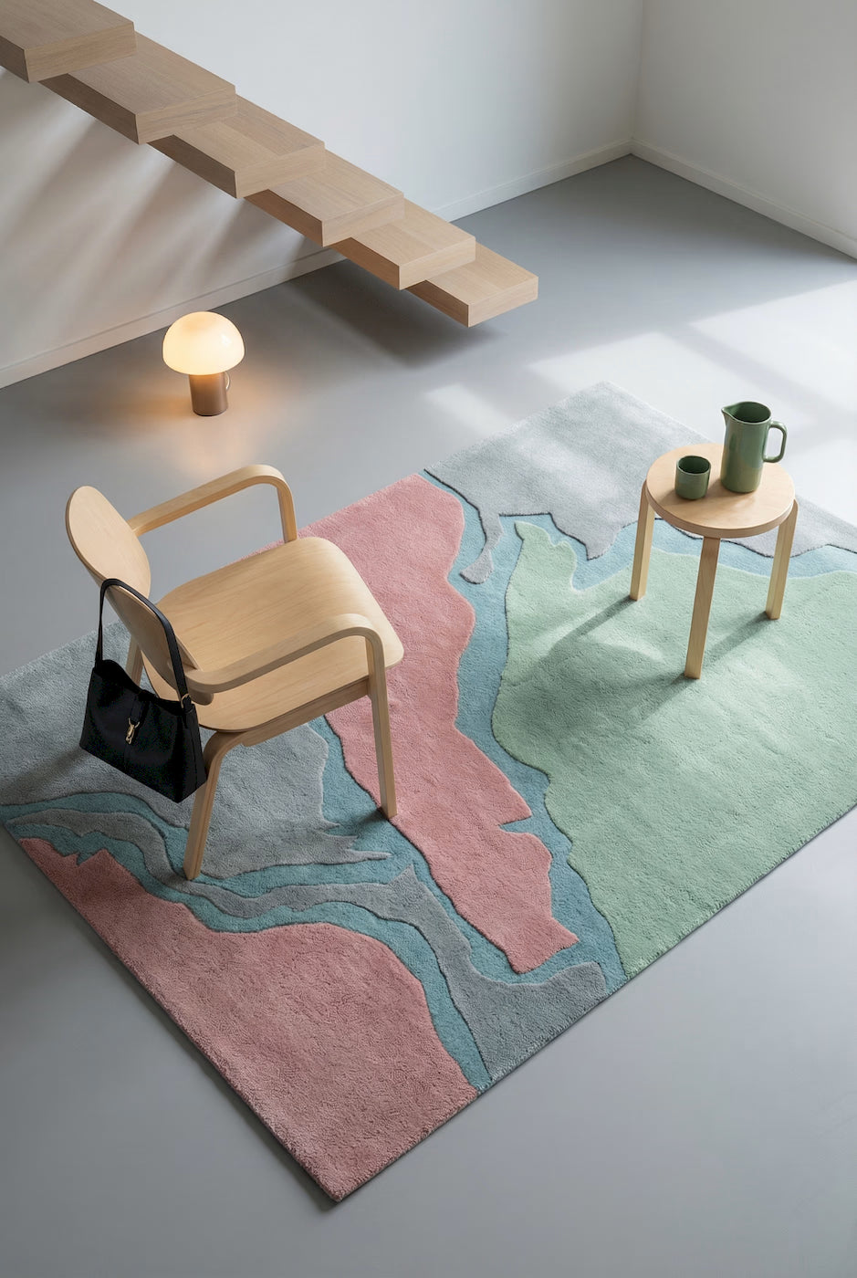 Handmade wool rug with artistic landscape inspired design