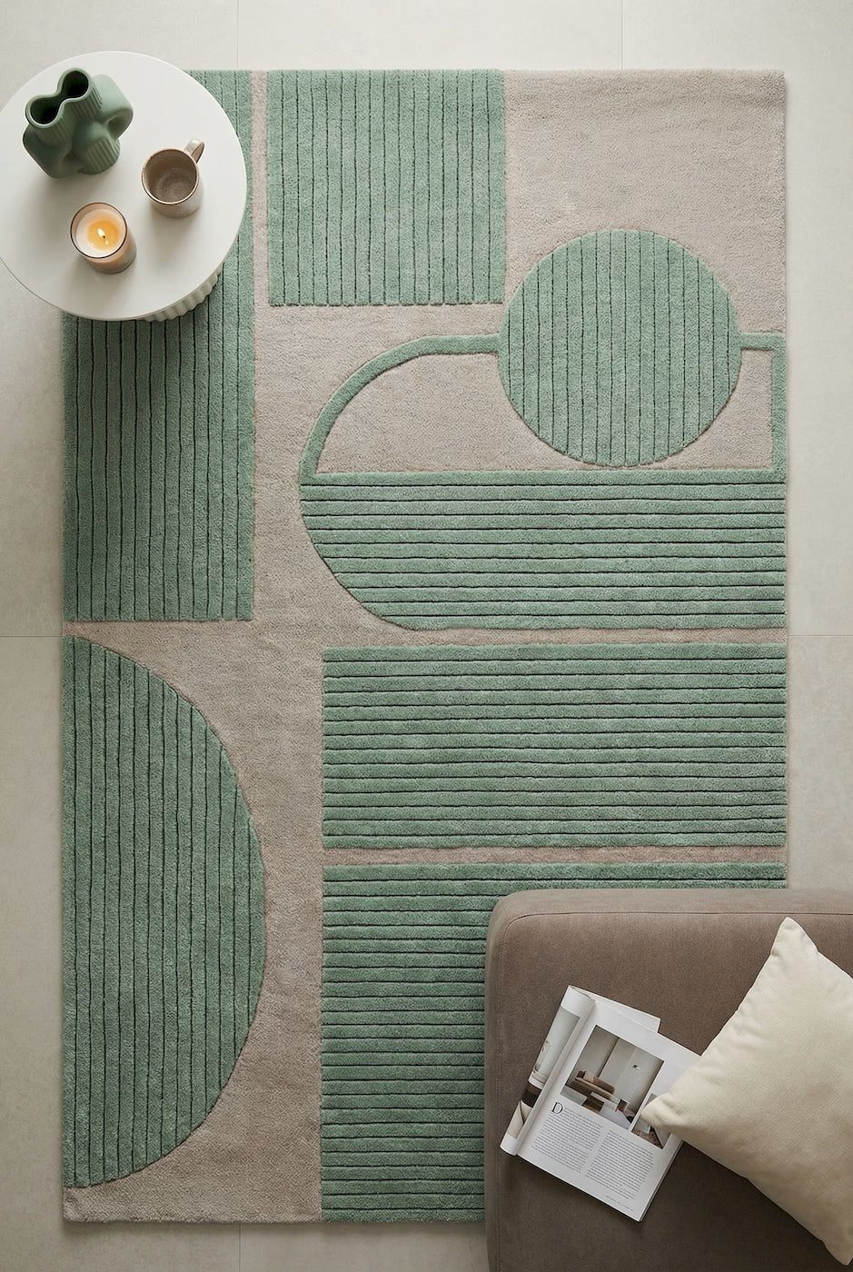 Contemporary hand tufted wool rug in sage green geometric design