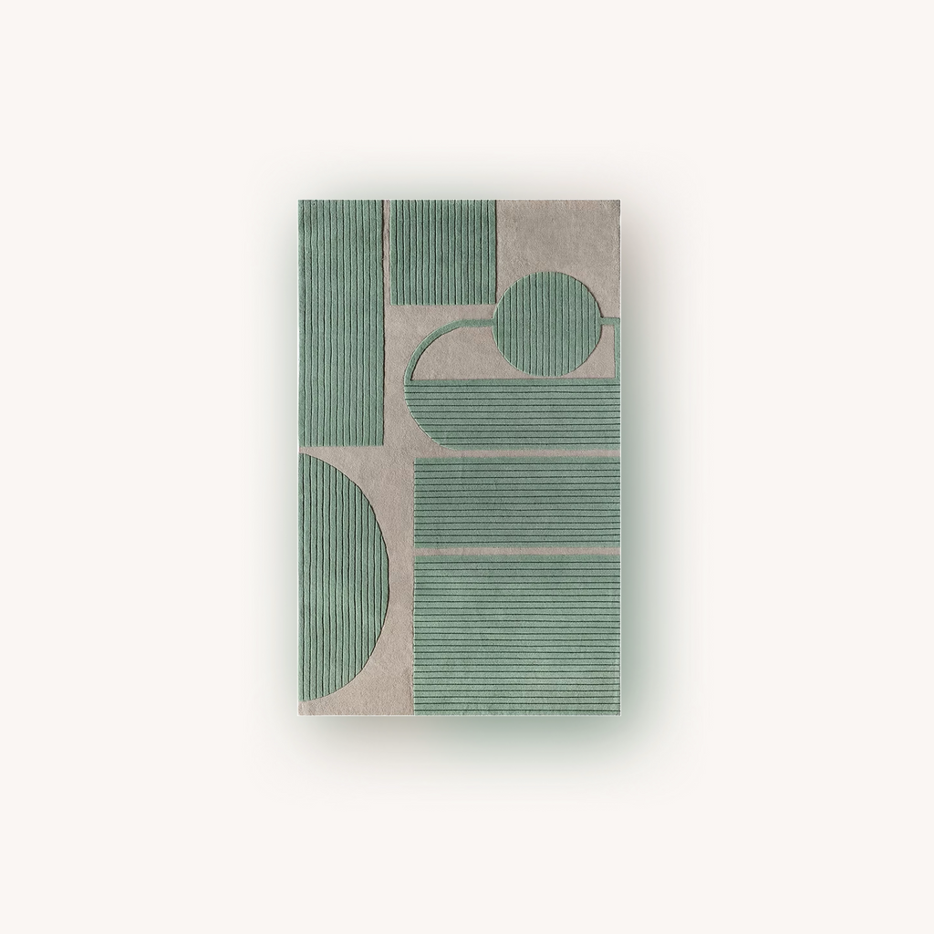 Aurora Green geometric hand tufted rug in New Zealand wool with carved texture