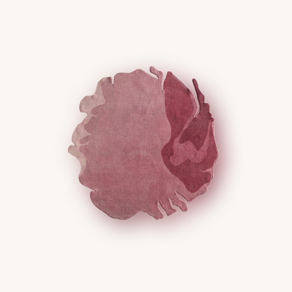 Pink bloom handmade floral wool rug with organic shape