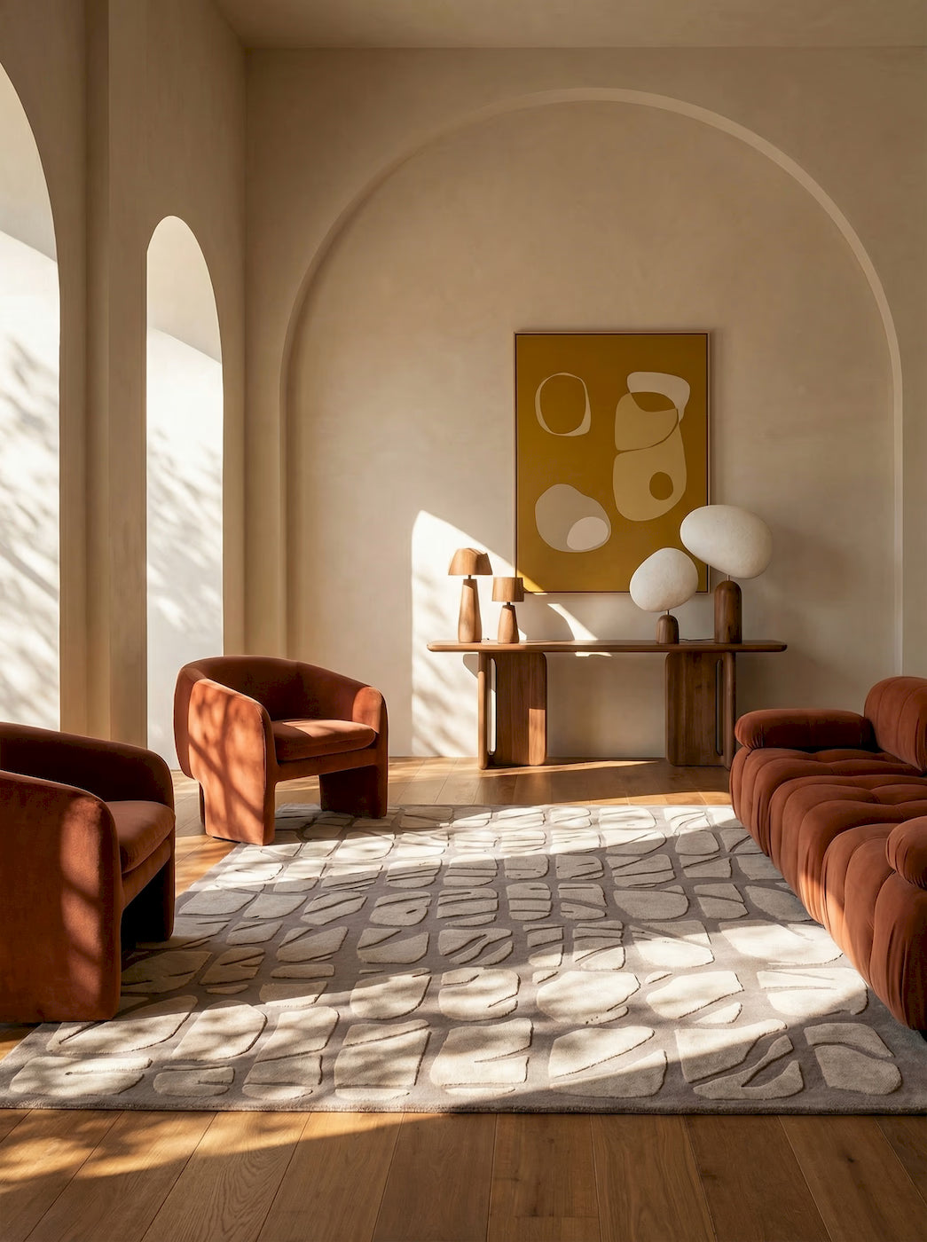 Contemporary neutral rug with abstract brick pattern