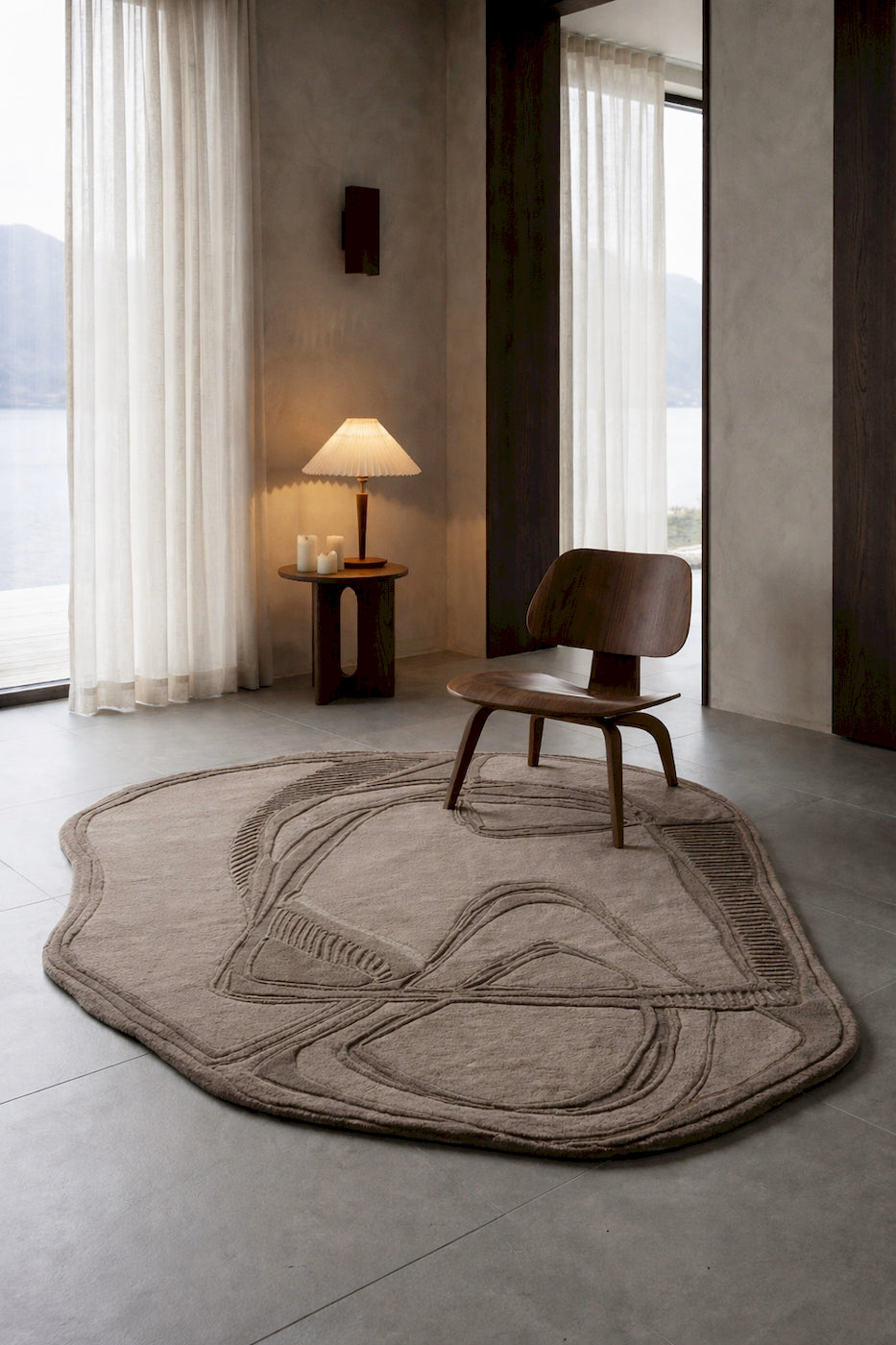 Luxury brown wool designer rug with organic pattern