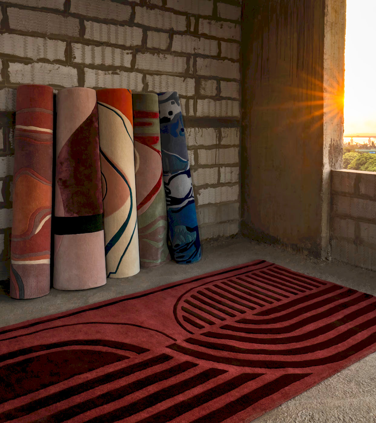 Modern red abstract wool rug with curved lines