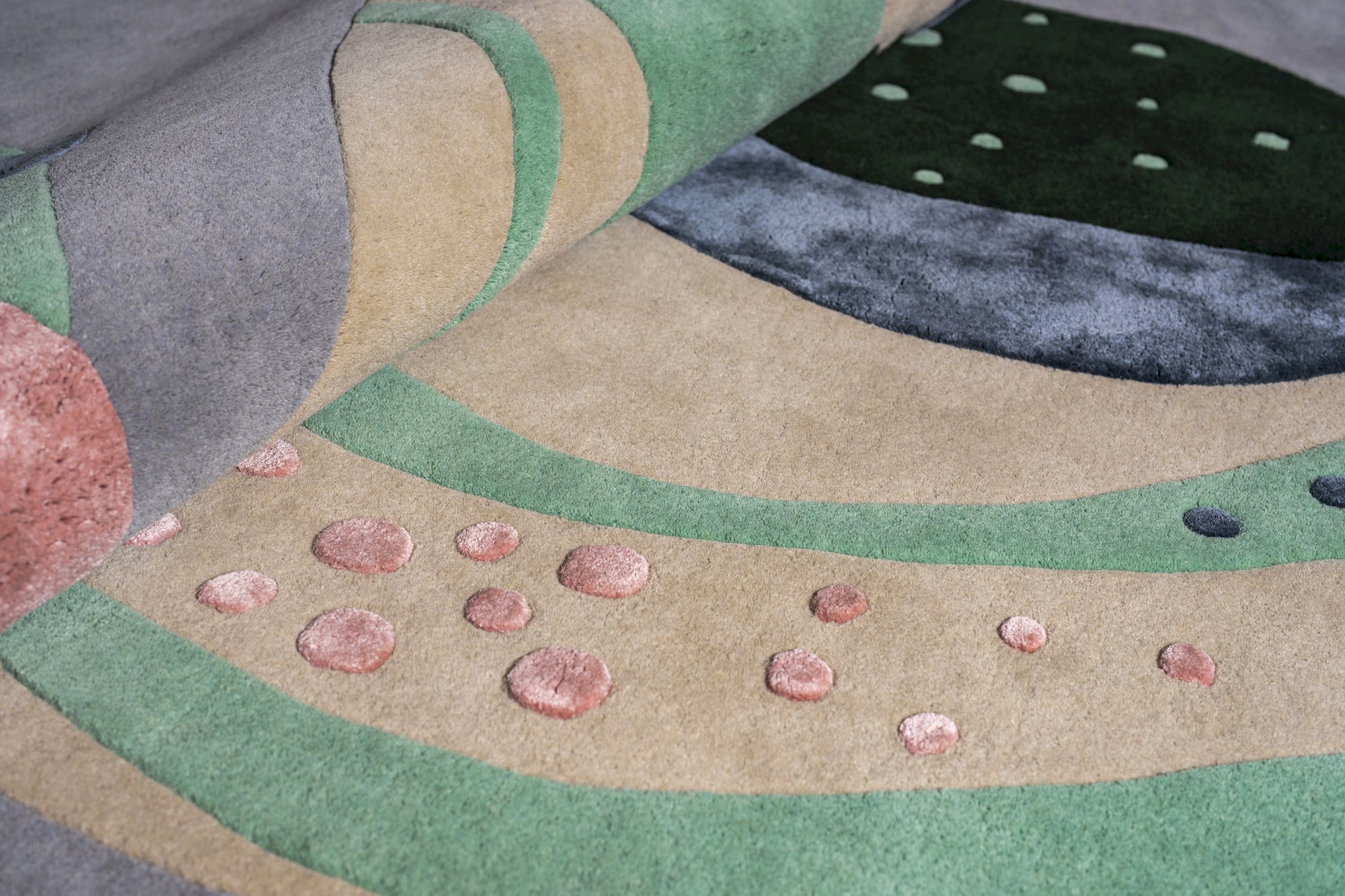 Contemporary designer rug with green, blue, and pastel tones