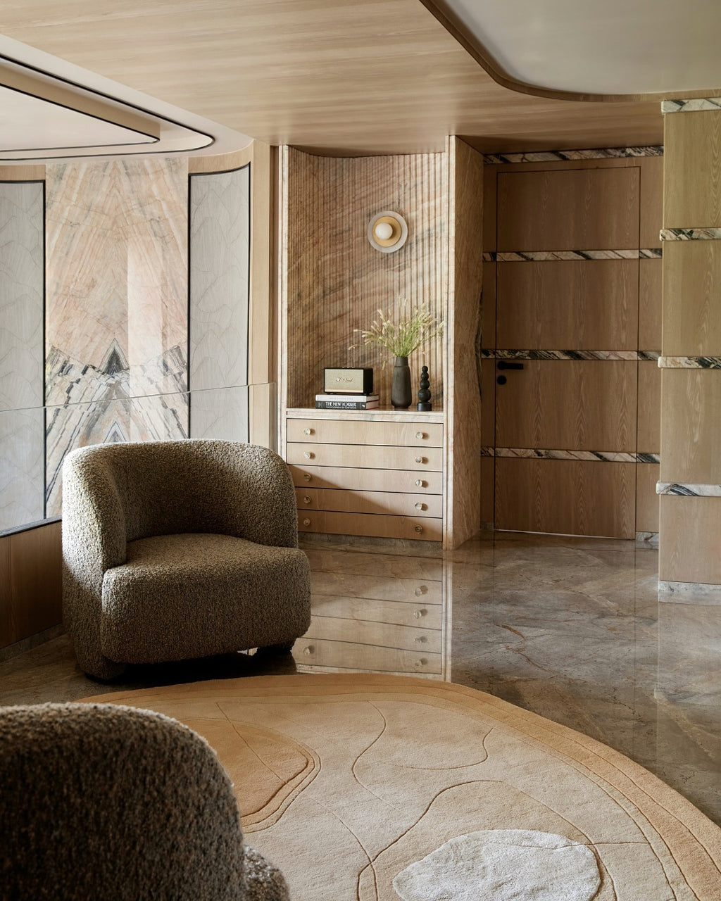 Modern neutral abstract rug made from New Zealand wool