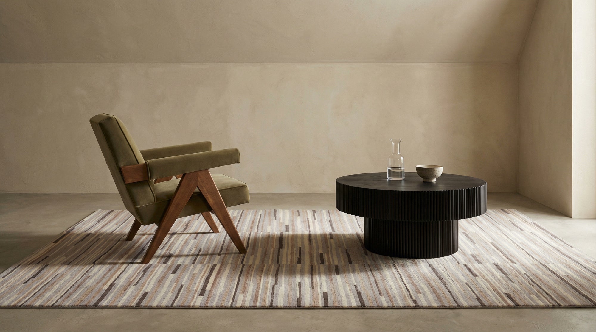 Neutral striped wool rug with black grey beige tones