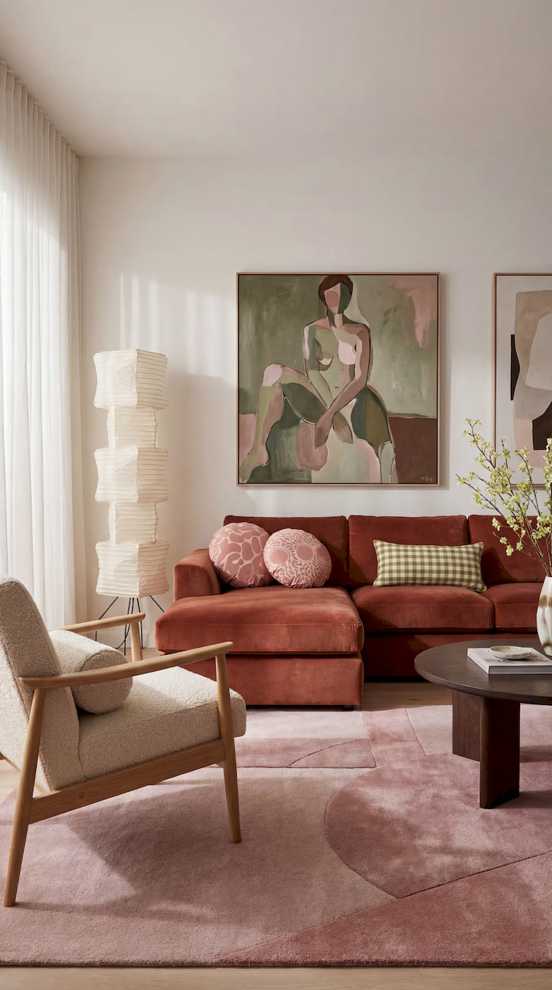 Modern geometric area rug in red and neutral tones