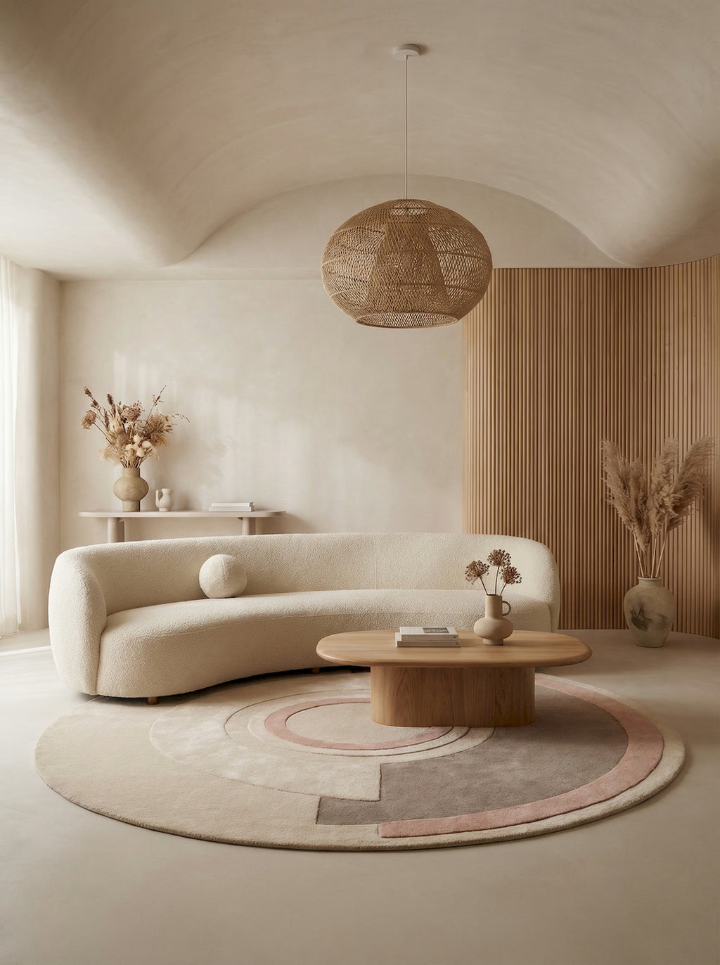 Neutral round area rug made from New Zealand wool