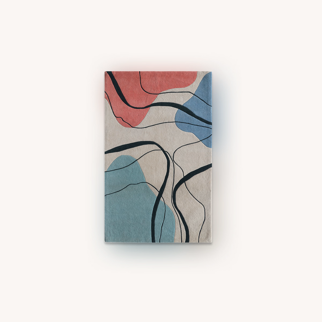 Seaside abstract handmade wool area rug with blue and coral tones