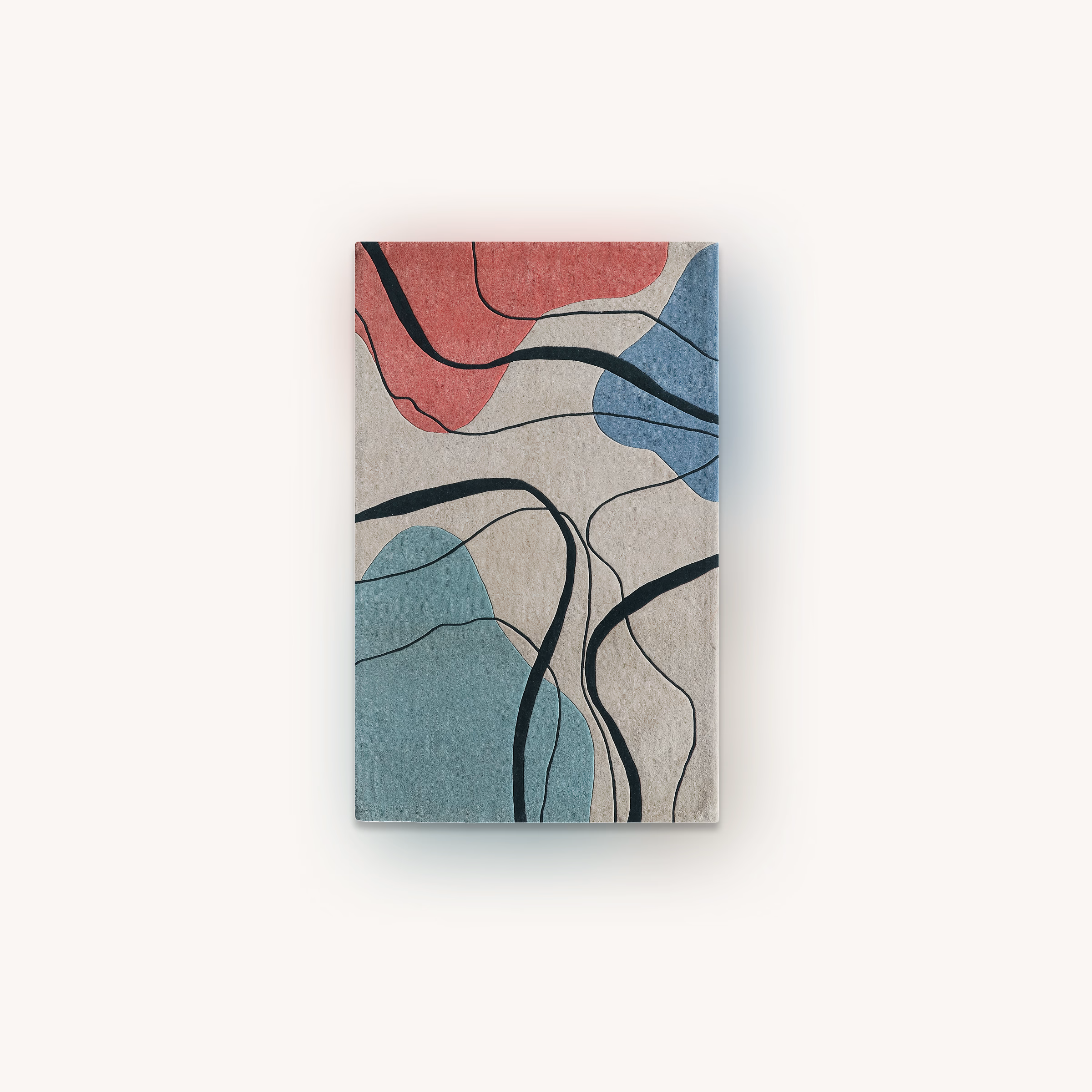 Seaside abstract handmade wool area rug with blue and coral tones