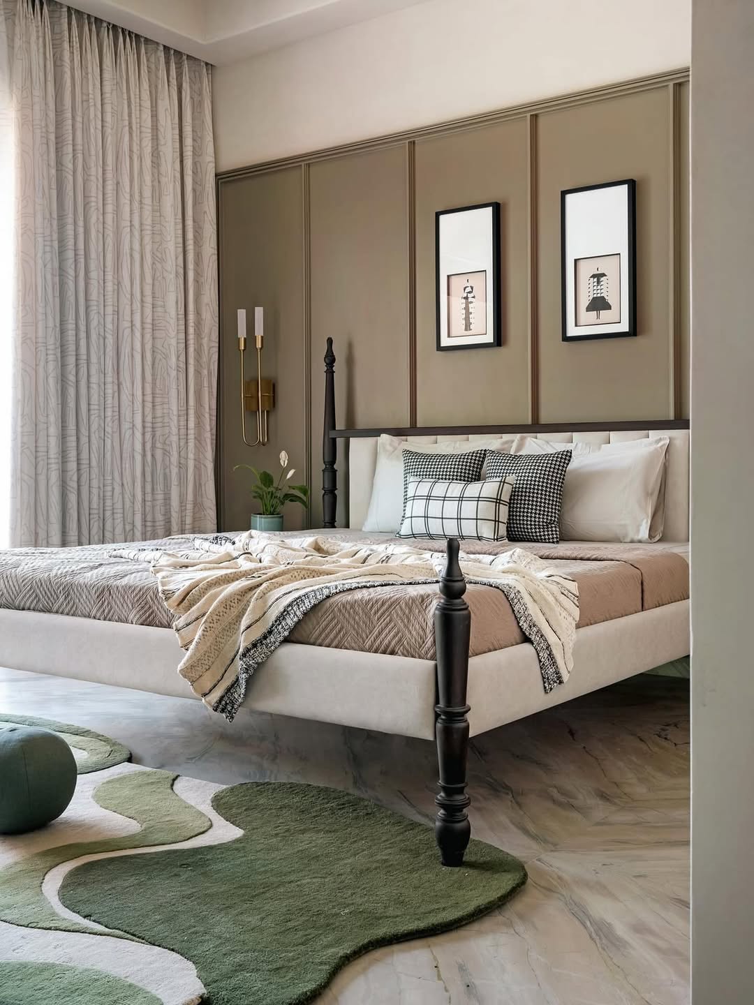 Modern abstract green wool area rug with organic shapes