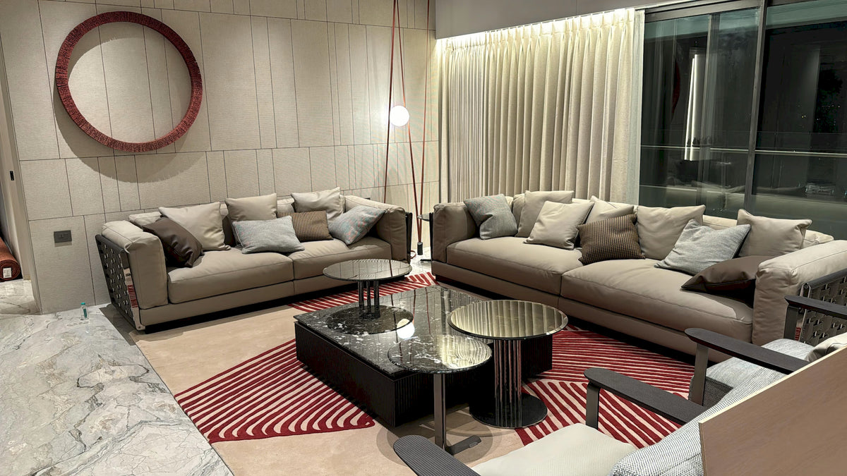 Designer red and beige abstract wool rug for living room